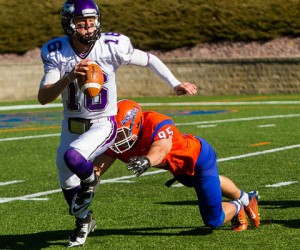 Andrew Robinson (three quarterback hurries, one sack) kept UW-Whitewater quarterback Matt Behrendt on the run Saturday. (UW-Platteville athletics photo)